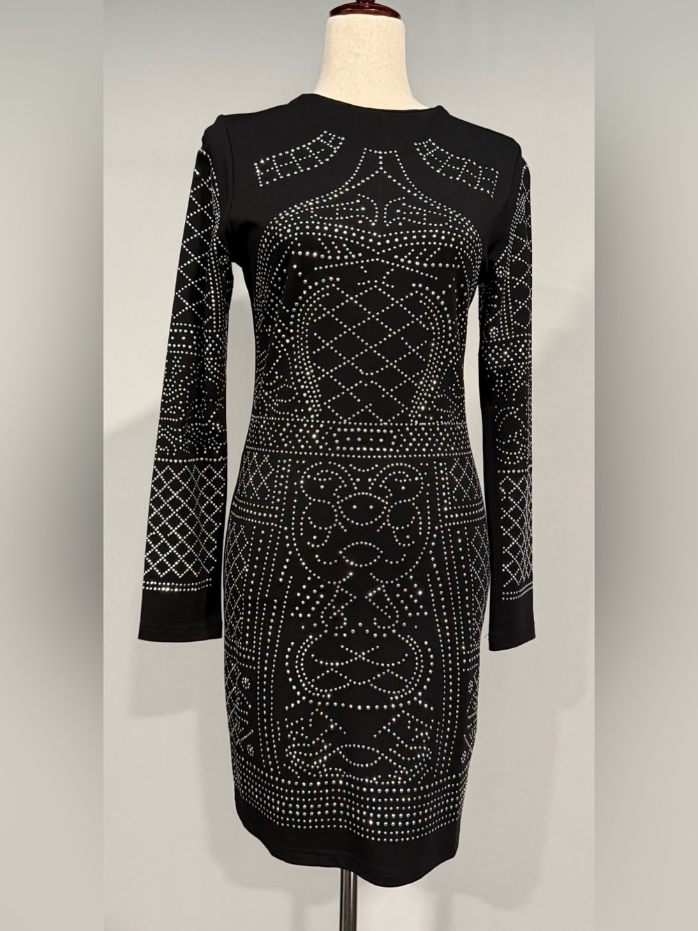 Meaneor Black Long-Sleeve Silver Studded Bodycon Dress